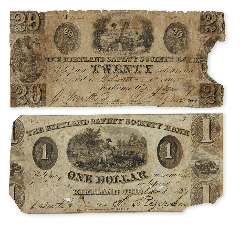 (MORMONS--CURRENCY.) Pair of obsolete banknotes issued by the Kirtland Safety Society Bank.